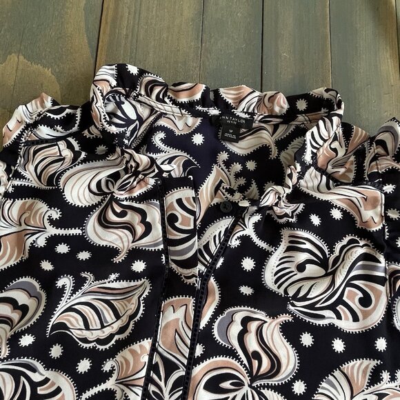Ann Taylor Black Pink Blue & White Floral Henley Boho Top Blouse - Size SP (S7) - Picture 8 of 11